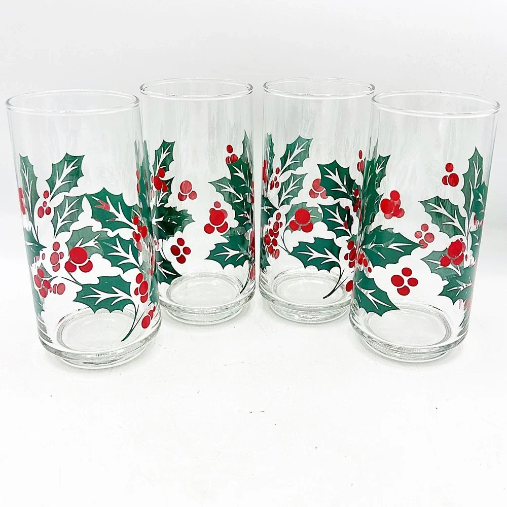 Libbey Christmas Holly Berry‎ Tumbler Glasses Set of 4 Clear Crisa